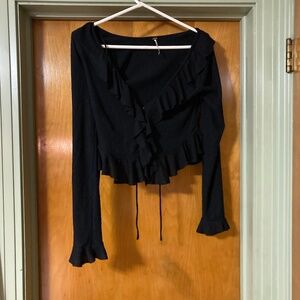 Free People Black Ribbed Ruffle Button Front Cardigan Sweater Size M